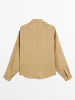 Linen blend open polo collar blouse