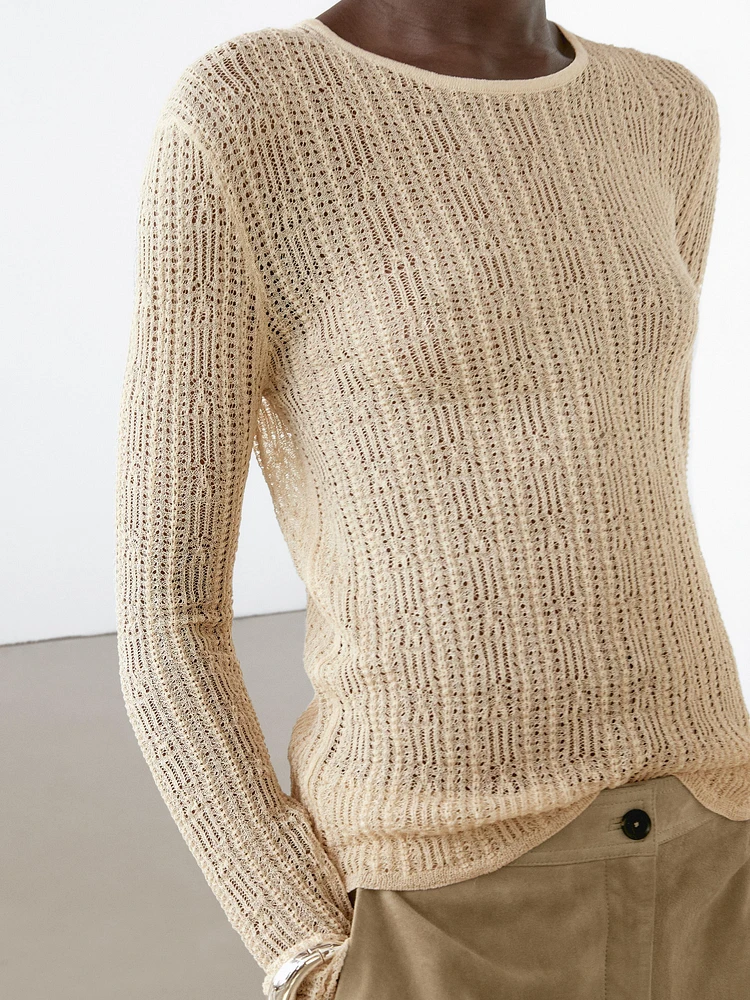 Long sleeve T-shirt with openwork fabric
