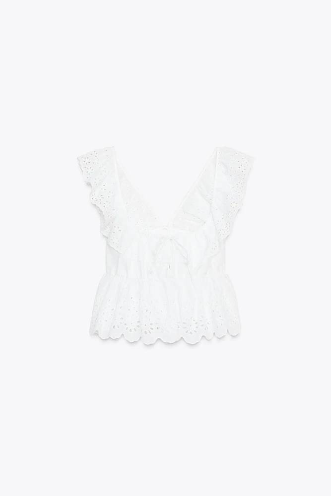 RUFFLED OPENWORK EMBROIDERY TOP