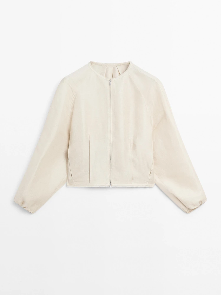 Frayed linen and silk bomber jacket
