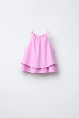 TOP EN POPELINE DOUBLE VOLANT DENTELLE