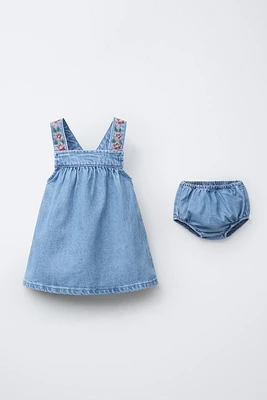 EMBROIDERED DENIM PINAFORE DRESS AND BLOOMERS