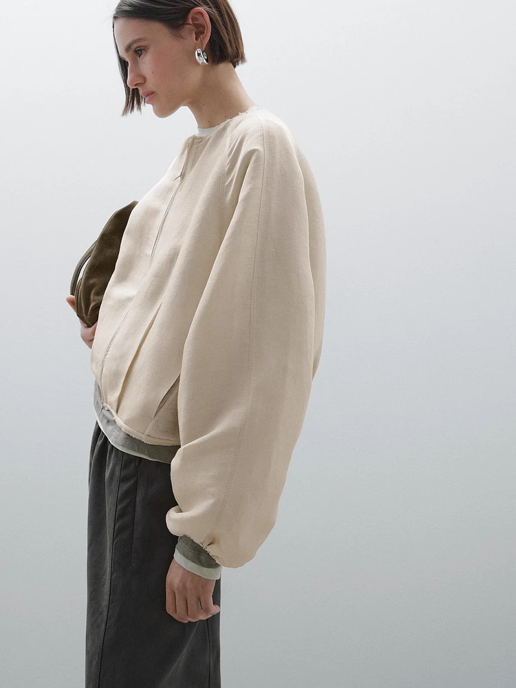 Frayed linen and silk bomber jacket