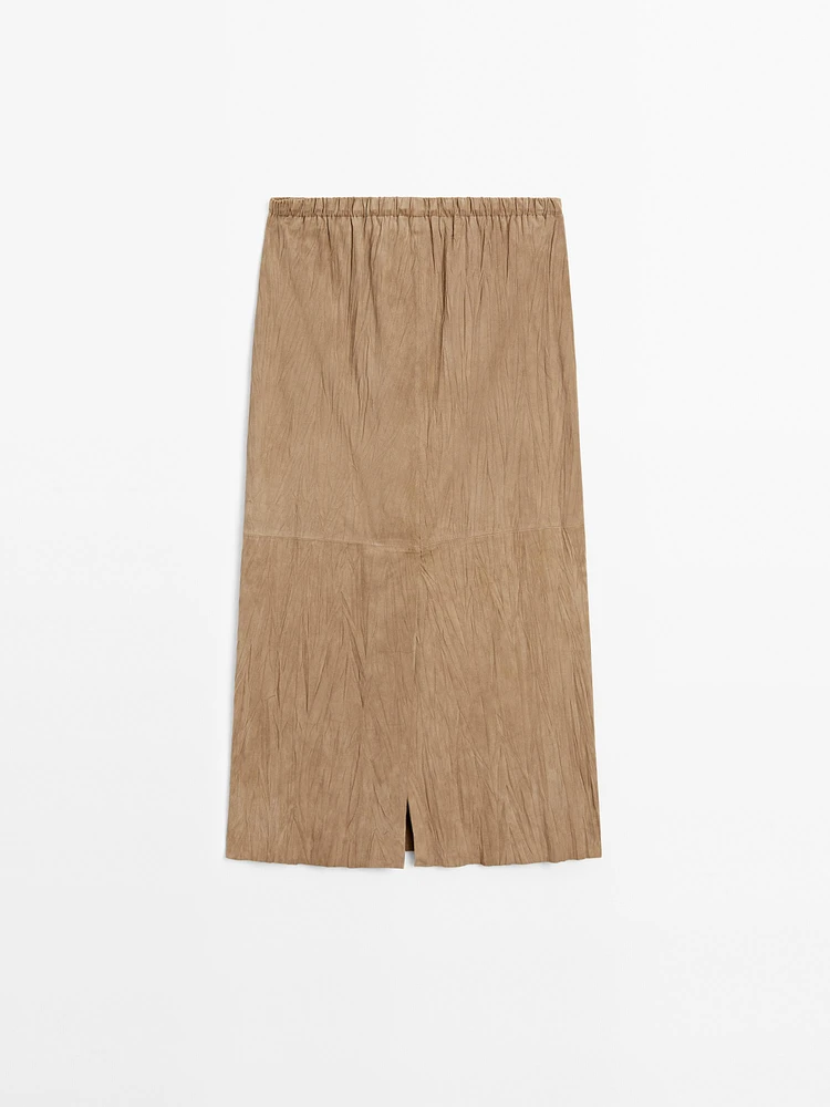 Jupe midi droite en cuir effet daim
