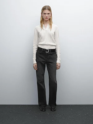 Cotton blend knit polo collar sweater