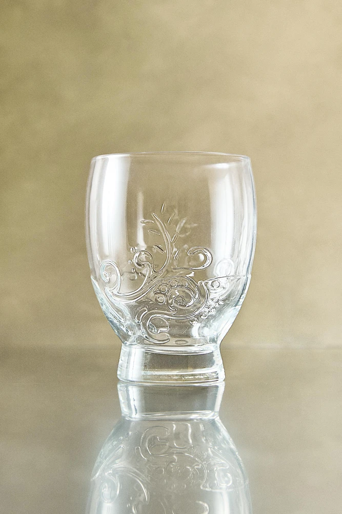 RAISED FLORAL DESIGN GLASS TUMBLER
