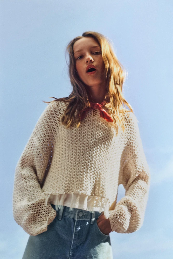 FRINGED MESH KNIT SWEATER