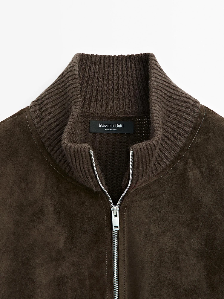 Contrast knit suede leather jacket