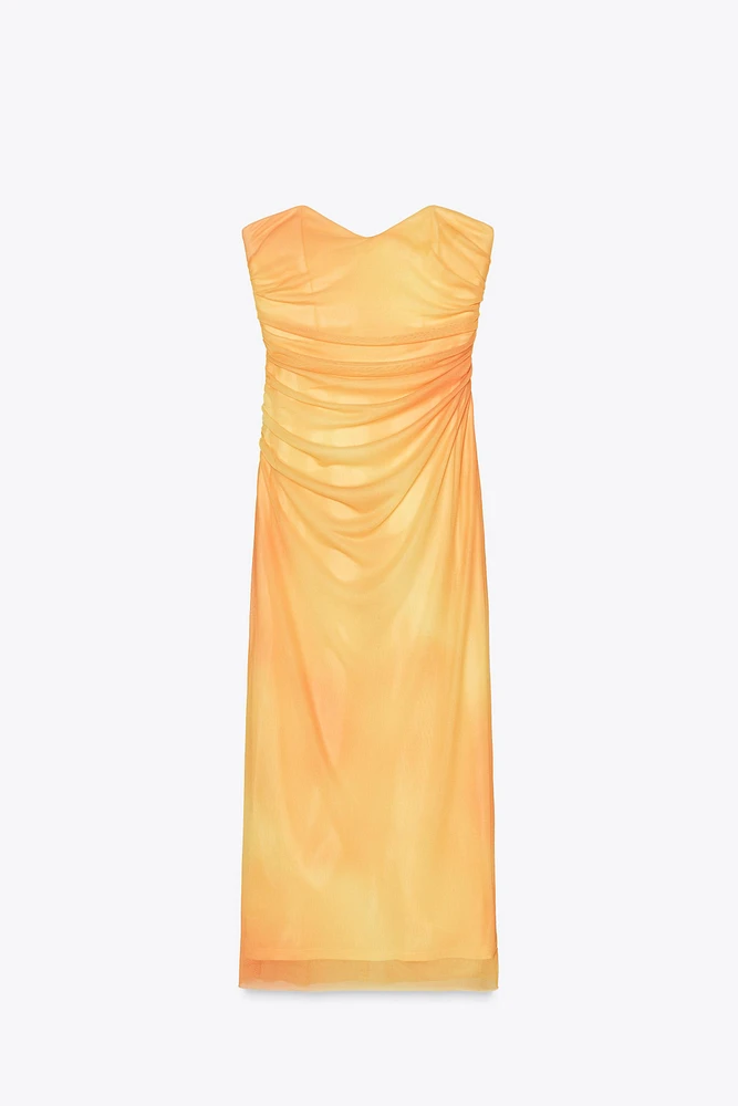 PRINTED TULLE STRAPLESS DRESS