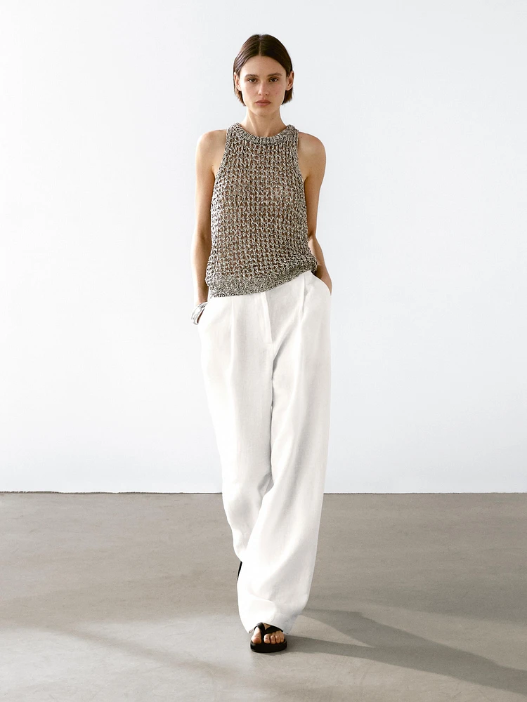 Openwork cotton blend halter top