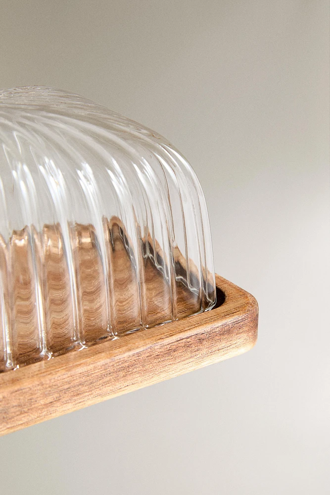 BOROSILICATE GLASS AND WOOD BUTTER DISH