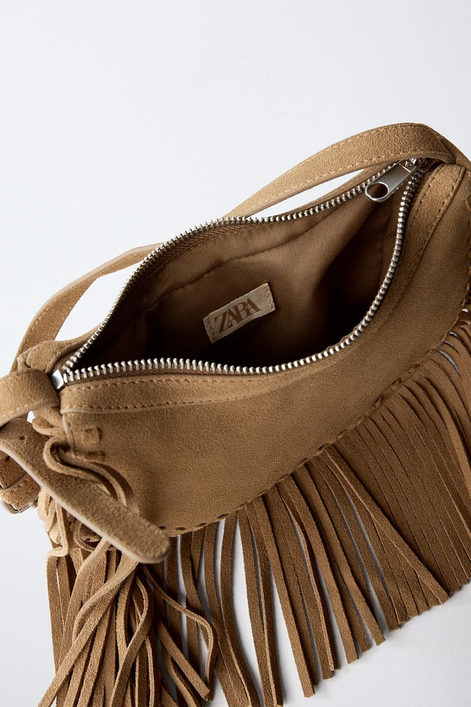 SAC ÉPAULE FRANGES CROÛTE DE CUIR