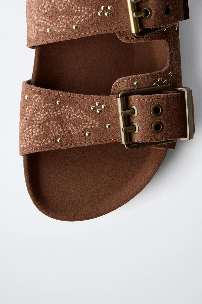 SPLIT LEATHER MICRO-STUD BUCKLE SANDALS