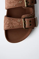 SPLIT LEATHER MICRO-STUD BUCKLE SANDALS