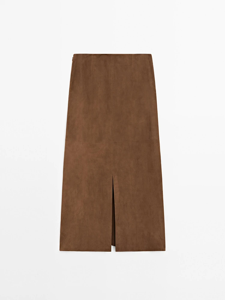 Suede leather midi skirt