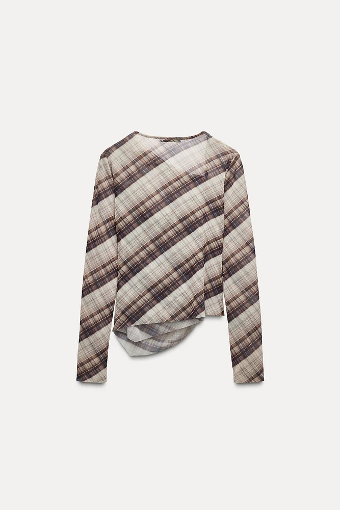 DRAPED PLAID TULLE TOP