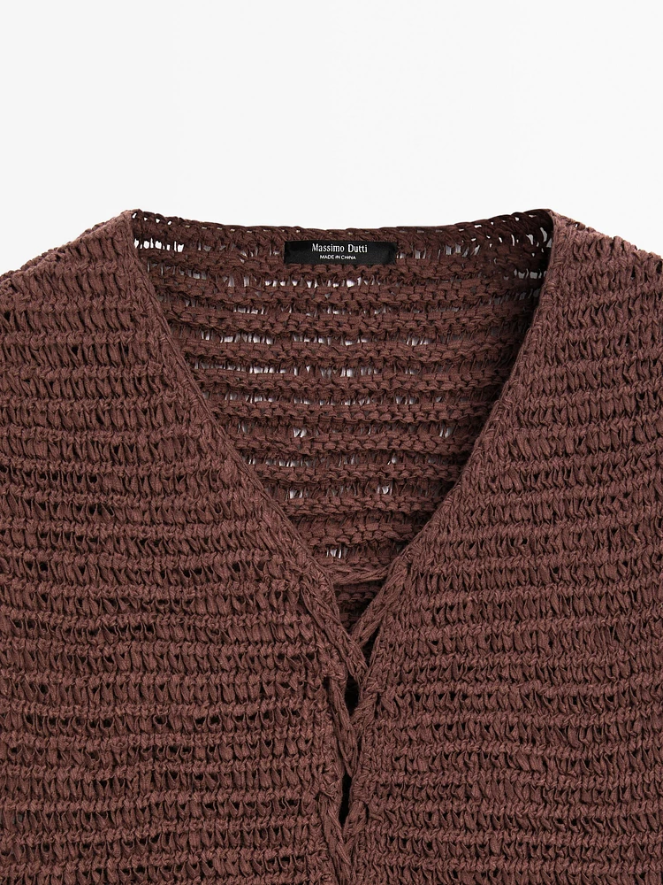 Cotton blend crochet waistcoat with tie detail