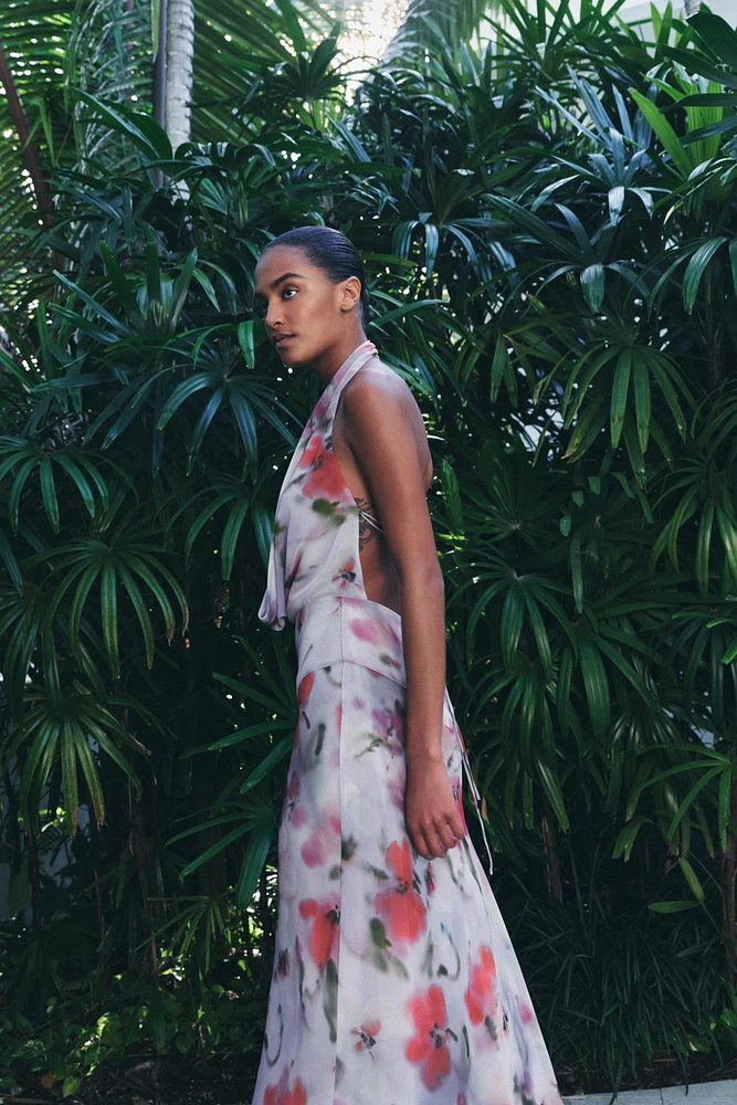 PRINTED MIDI HALTER DRESS