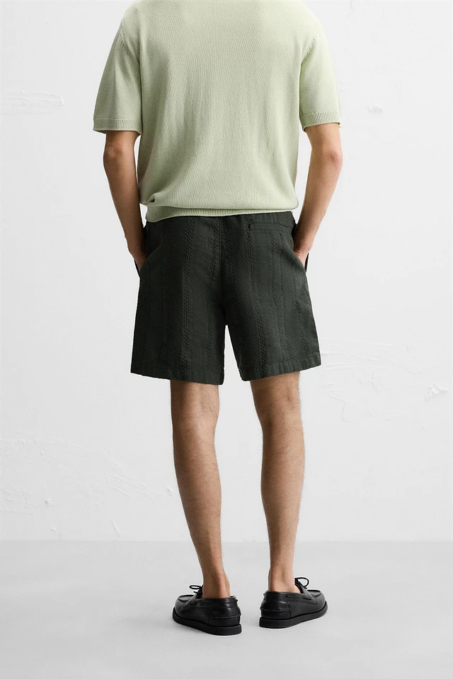 Olive Green Zara Man Short Pants Zara TEXTURED REGULAR FIT SHORTS