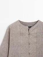 100% linen melange stand collar blouse
