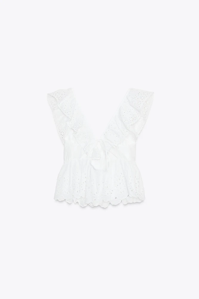 RUFFLED OPENWORK EMBROIDERY TOP