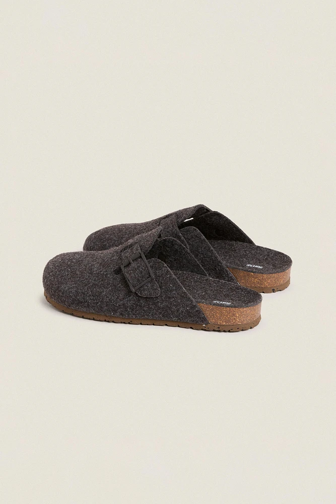 BUCKLED FELT MULE CLOG SLIPPERS