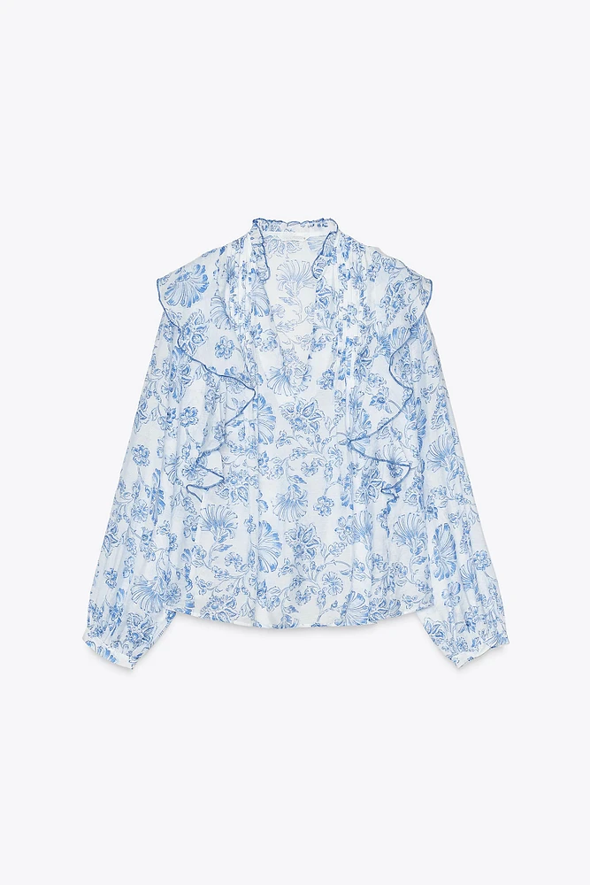 PRINTED RUFFLE PINTUCK BLOUSE