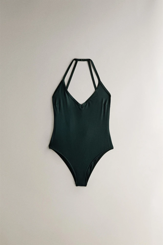PLAIN BEACH SWIMSUIT WITH STRAPS AT THE BACK