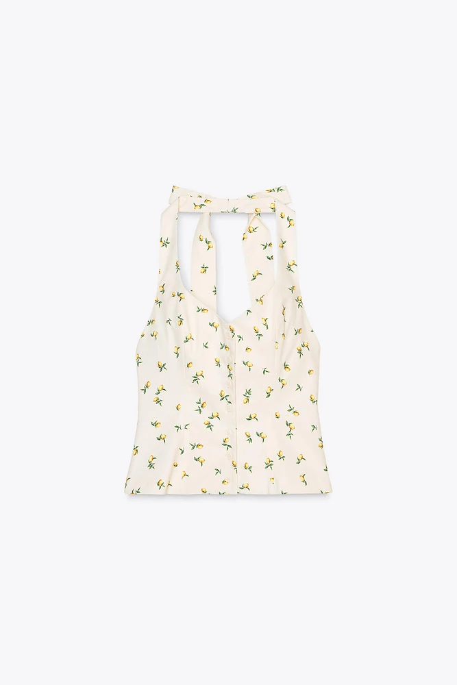 LEMON PRINT TIE HALTER TOP