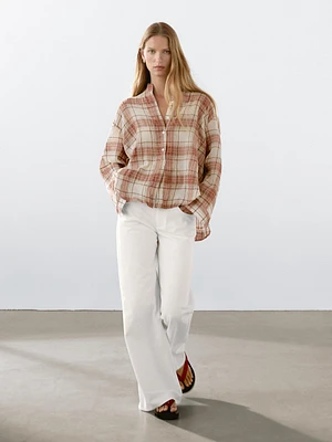 Oversized checked shirt with stand collar