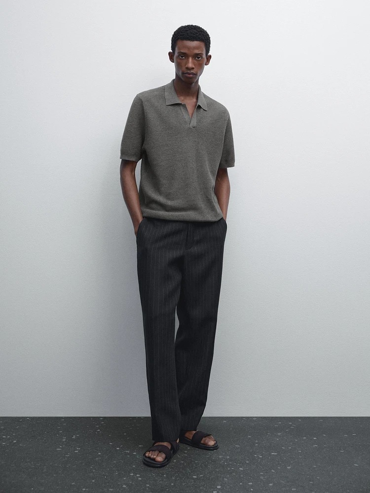 Linen blend textured knit polo shirt