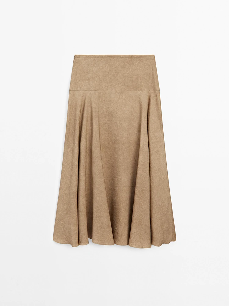 Flounce linen blend midi skirt
