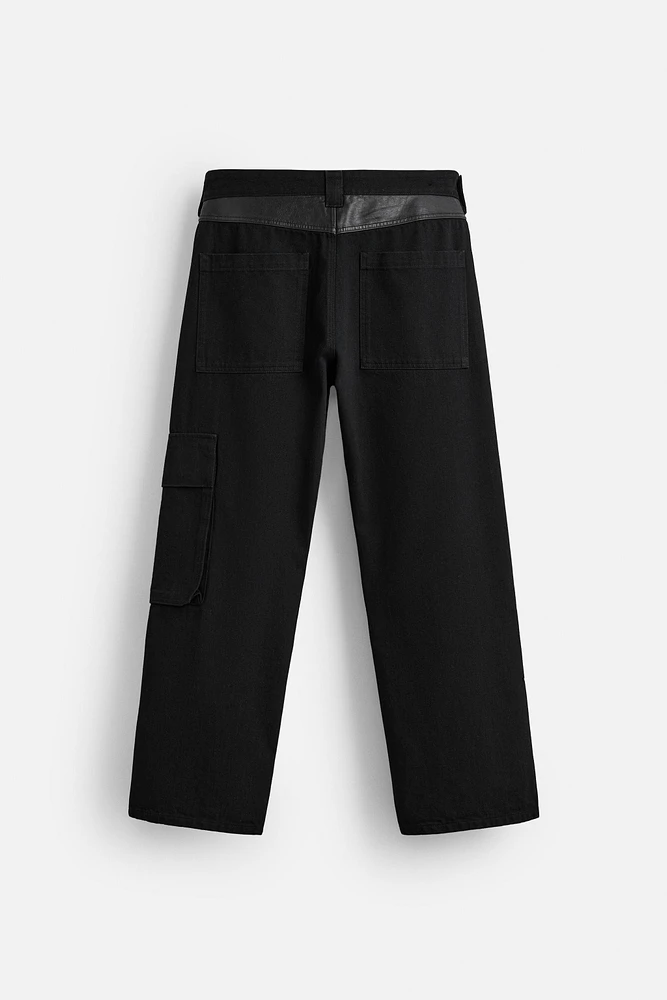LEATHER PANEL CARGO JEANS