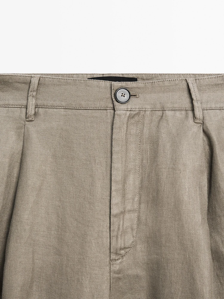 100% linen wide-leg mid-rise trousers