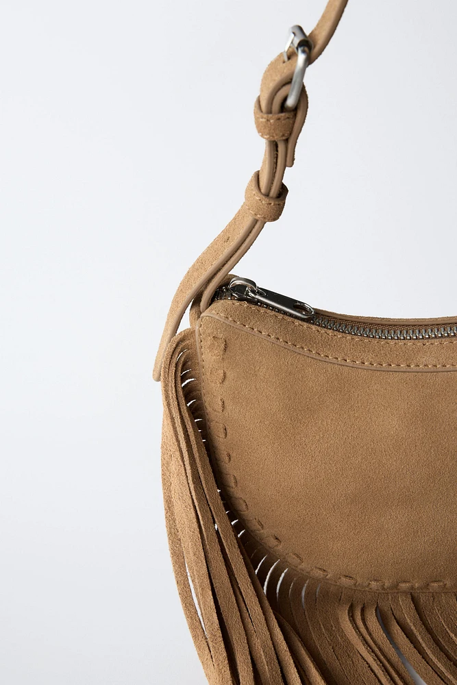 SAC ÉPAULE FRANGES CROÛTE DE CUIR