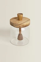 BOROSILICATE GLASS AND WOOD HONEY JAR