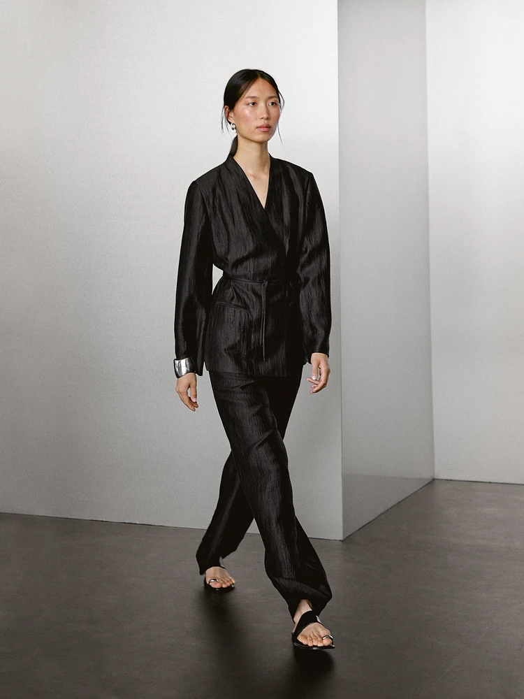 Linen blend palazzo trousers with darts