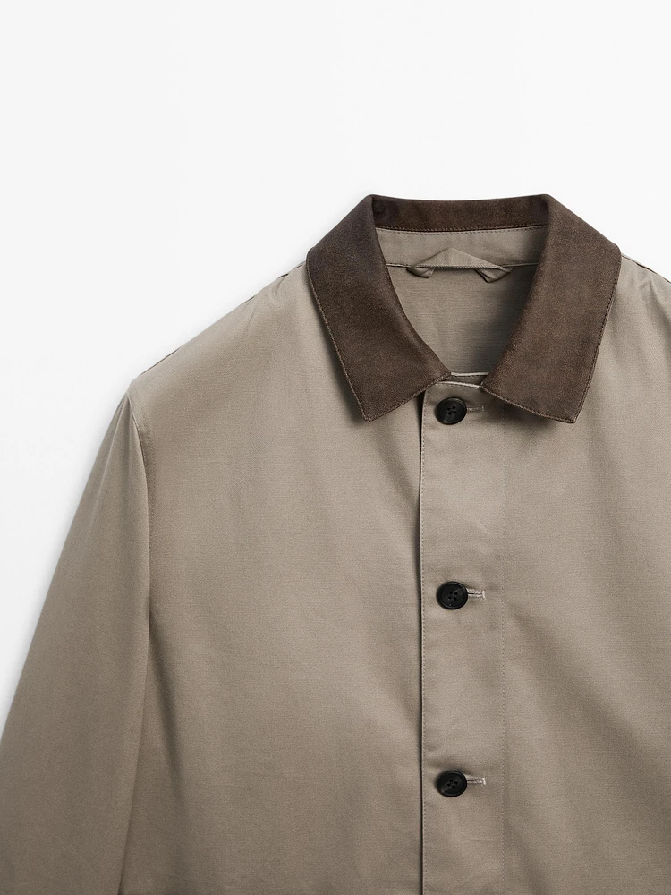 Short jacket with leather collar detail