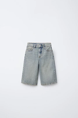 WASHED-EFFECT DENIM LONG SHORTS