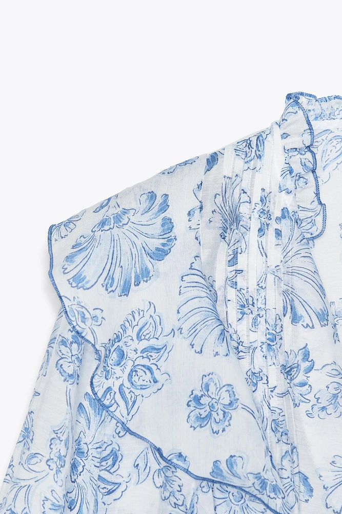 PRINTED RUFFLE PINTUCK BLOUSE