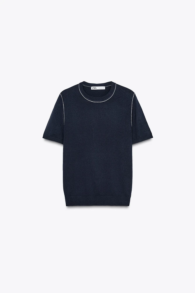 TRIMMED SHORT SLEEVE KNIT TOP