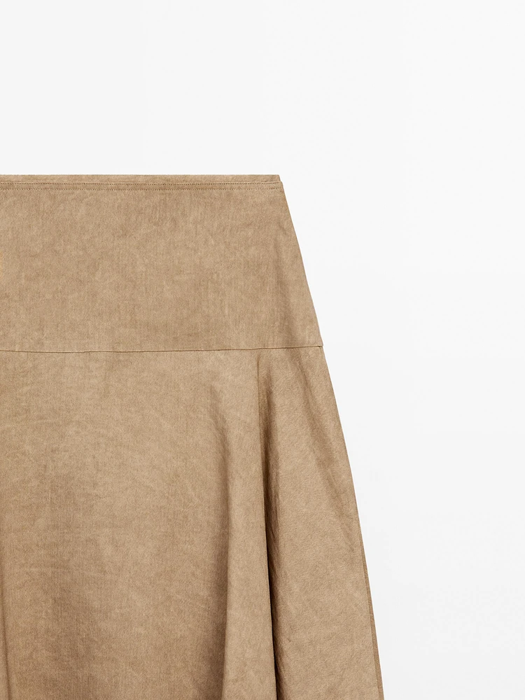 Flounce linen blend midi skirt