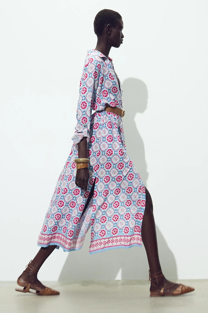 BELTED PRINT MIDI DRESS