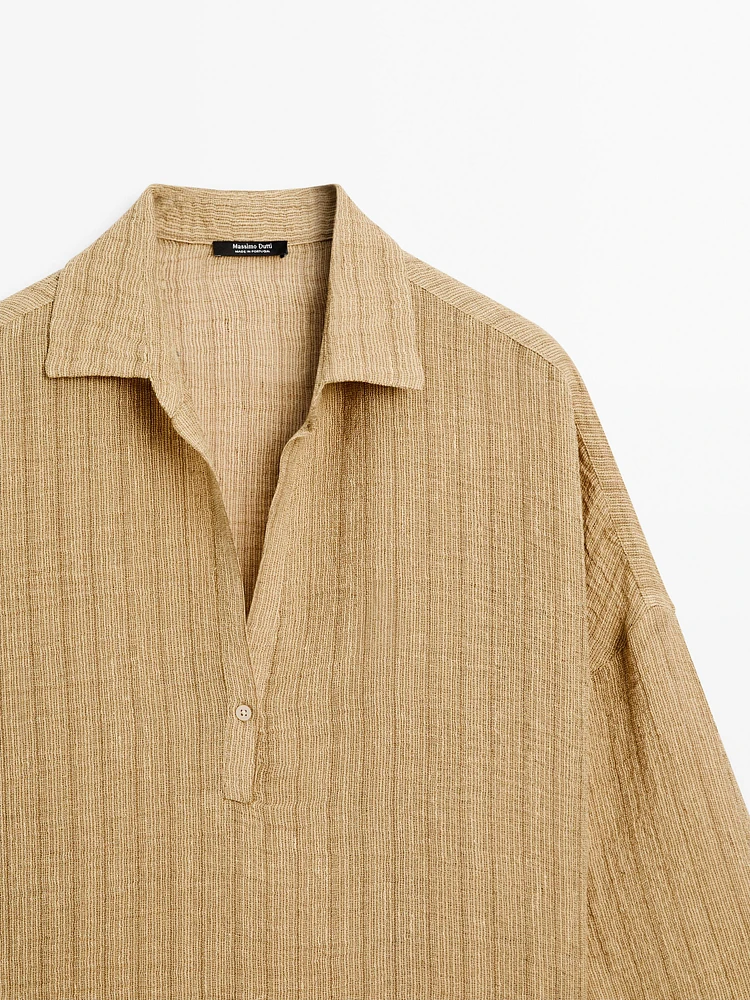 Linen blend open polo collar blouse