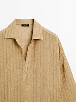 Linen blend open polo collar blouse