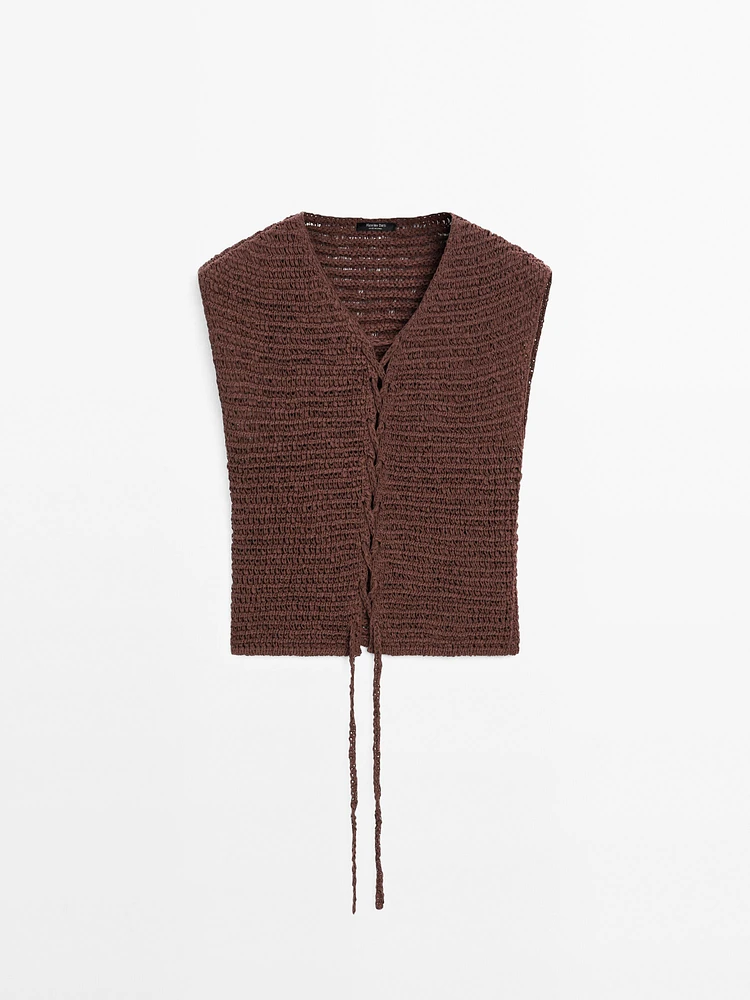Cotton blend crochet waistcoat with tie detail