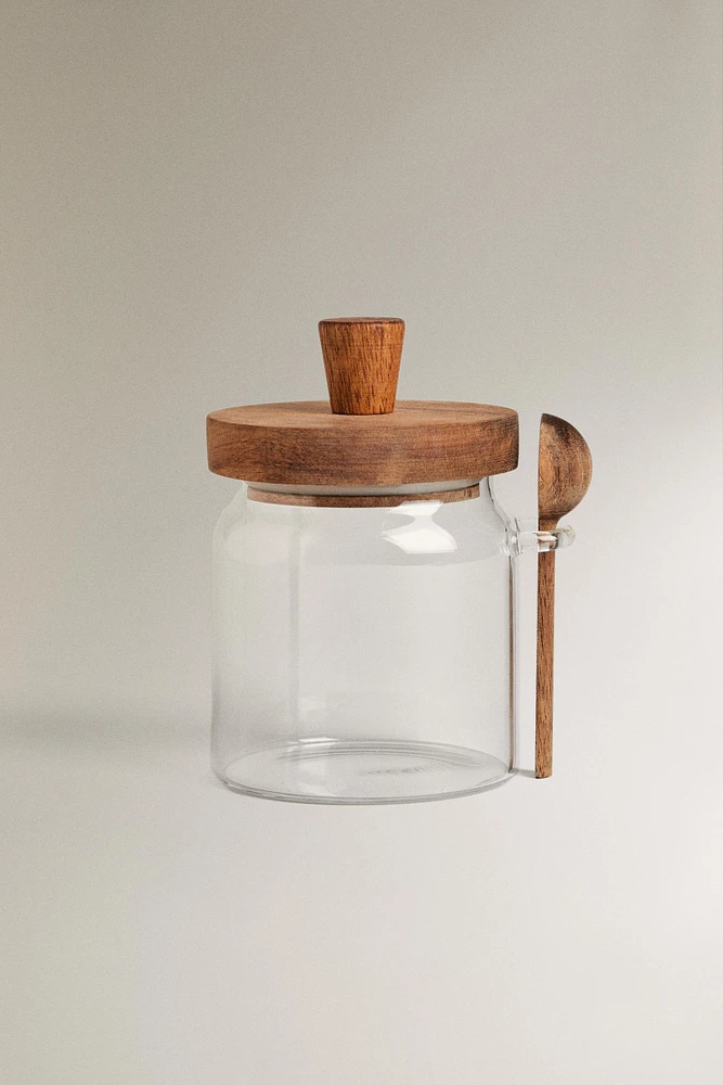 BOROSILICATE GLASS AND WOOD SUGAR BOWL
