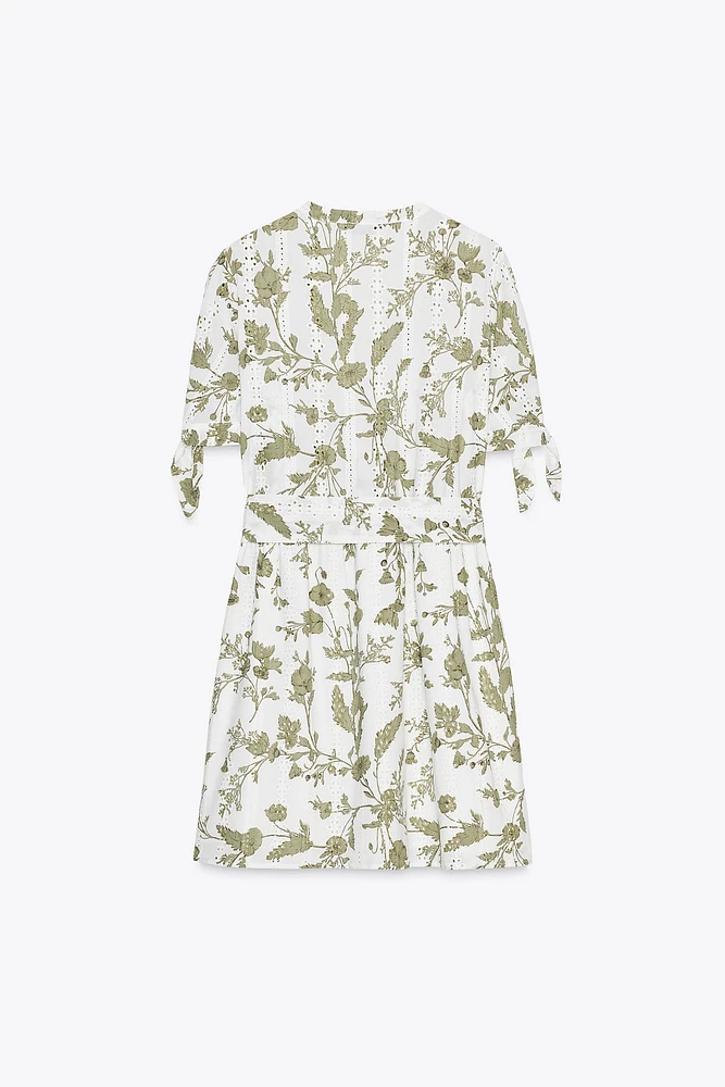 PRINTED MINI DRESS WITH OPENWORK EMBROIDERY