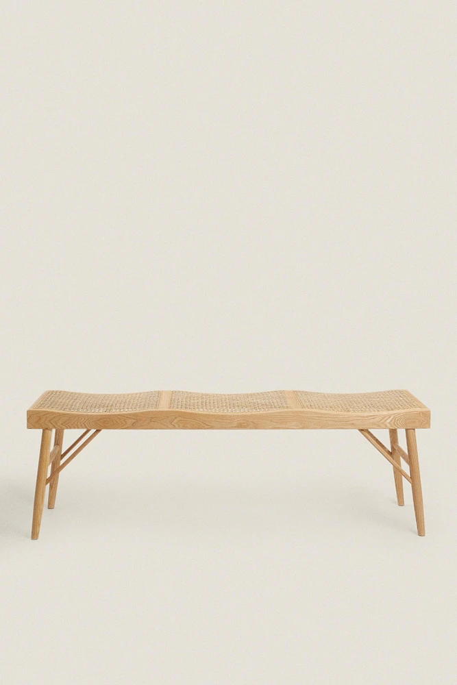 WOOD AND RATTAN BENCH