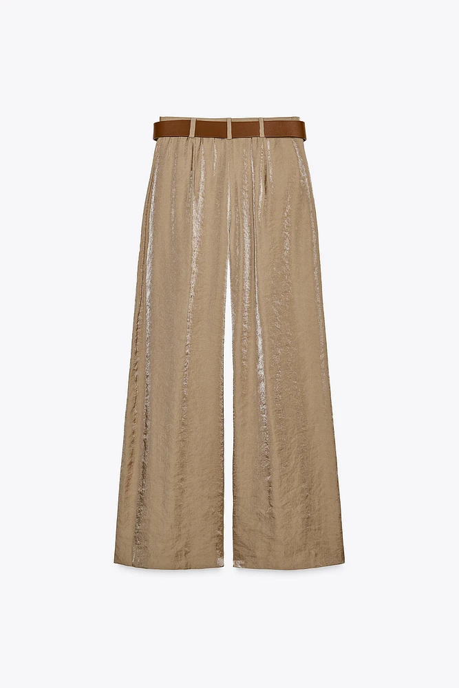 BELTED SATIN WIDE LEG PANTS